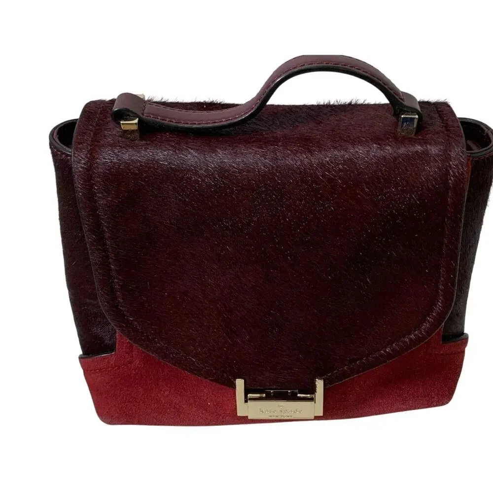 Kate Spade Red Plum Bordeaux Keran Miro Street Calfhair fur Leather Satchel $398
